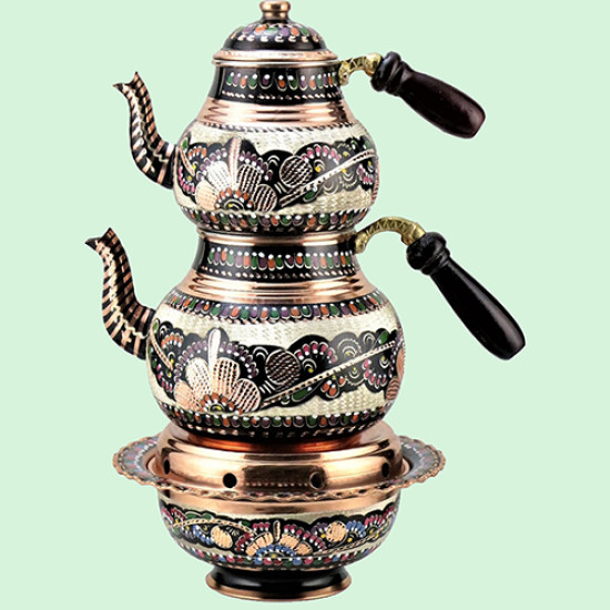 İşlemeli Osmanlı ocaklı bakır çaydanlık takım
